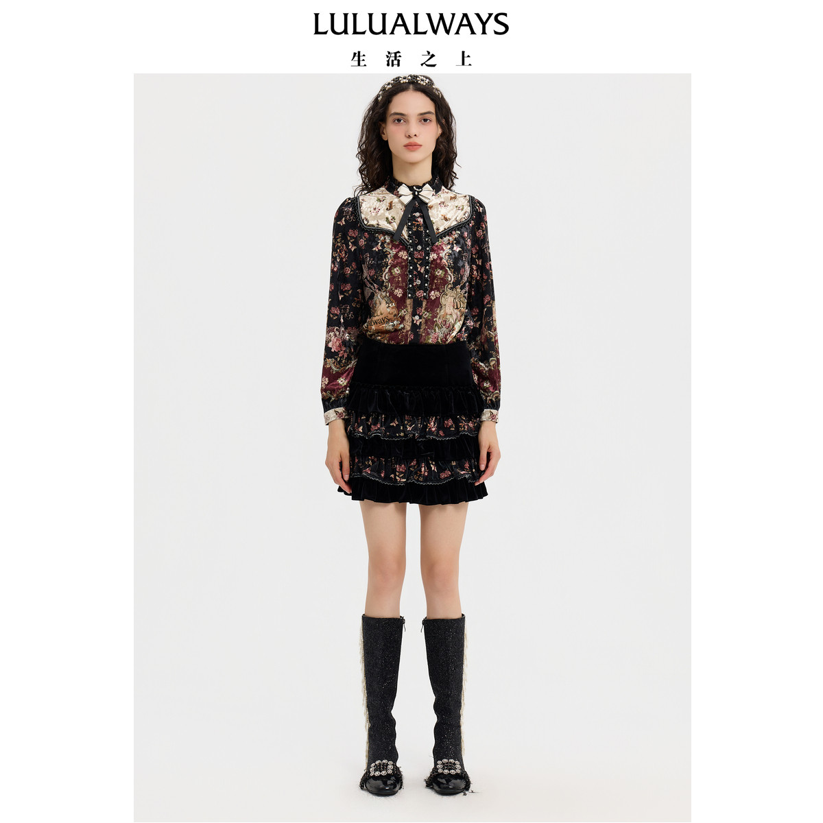LULUALWAYS【商场同款】冬季新款复古宫廷木耳边蝴蝶结长袖衬衫
