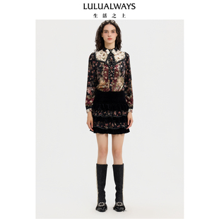 LULUALWAYS【商场同款】25冬季新款复古宫廷木耳边蝴蝶结长袖衬衫