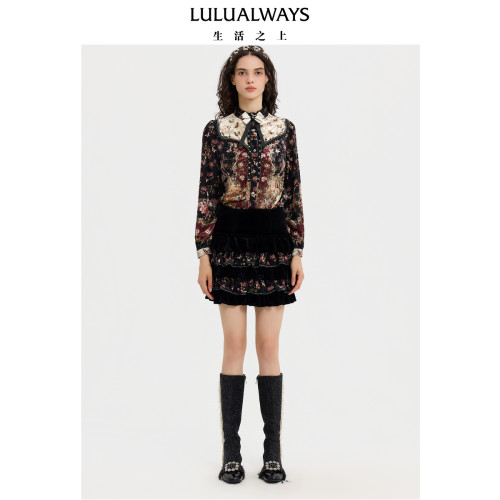 LULUALWAYS【商场同款】冬季新款复古宫廷木耳边蝴蝶结长袖衬衫