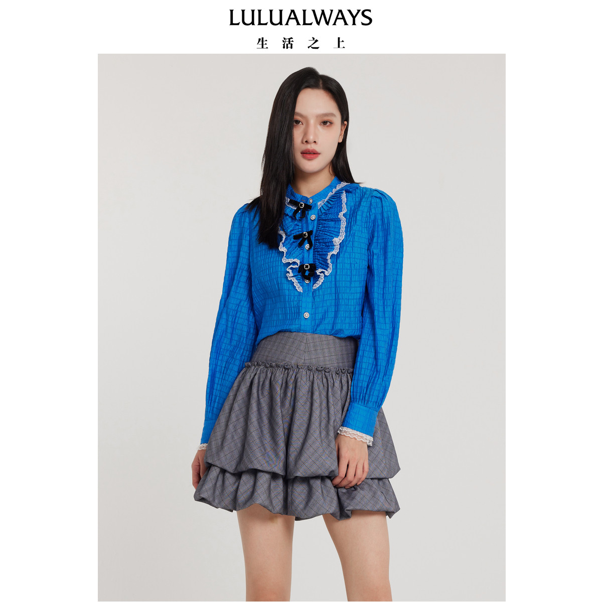 LULUALWAYS我爱露露甜美肌理感泡泡袖蓝色花边衬衫
