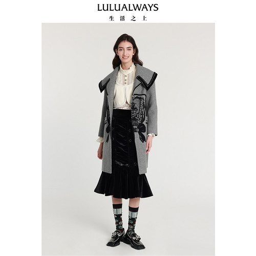 LULUALWAYS我爱露露新款时尚宽松人字纹中长款灰色大衣