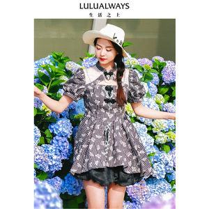 【商场同款】LULUALWAYS夏季新款印花格纹中国风盘扣泡泡袖连衣裙