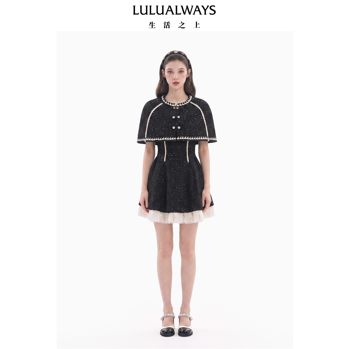 LULUALWAYS【商场同款】26冬季新款公主小香风蕾丝木耳边连衣裙