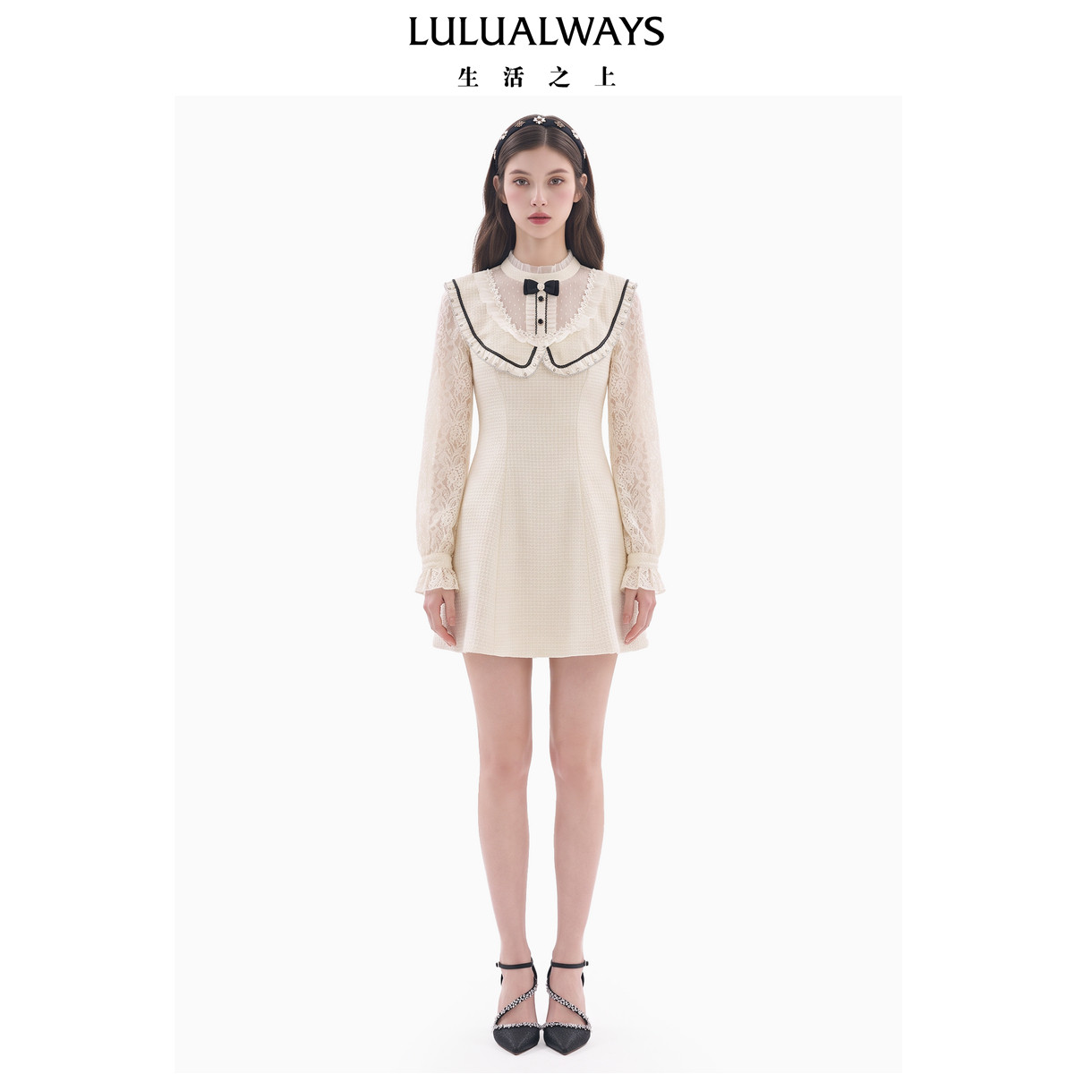 LULUALWAYS我爱露露26冬季新款温柔千金风蕾丝泡泡袖收腰连衣裙