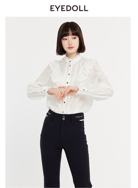 EYEDOLL新款甜美淡人百搭时尚优雅荷叶边立领衬衫