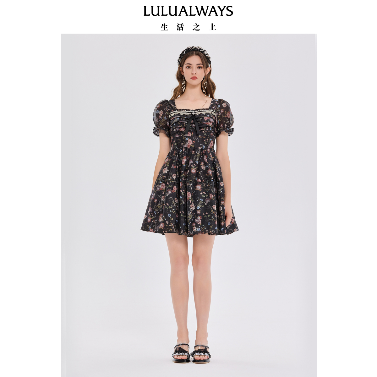 LULUALWAYS我爱露露25夏季新款法式复古甜美气质显瘦泡泡袖连衣裙
