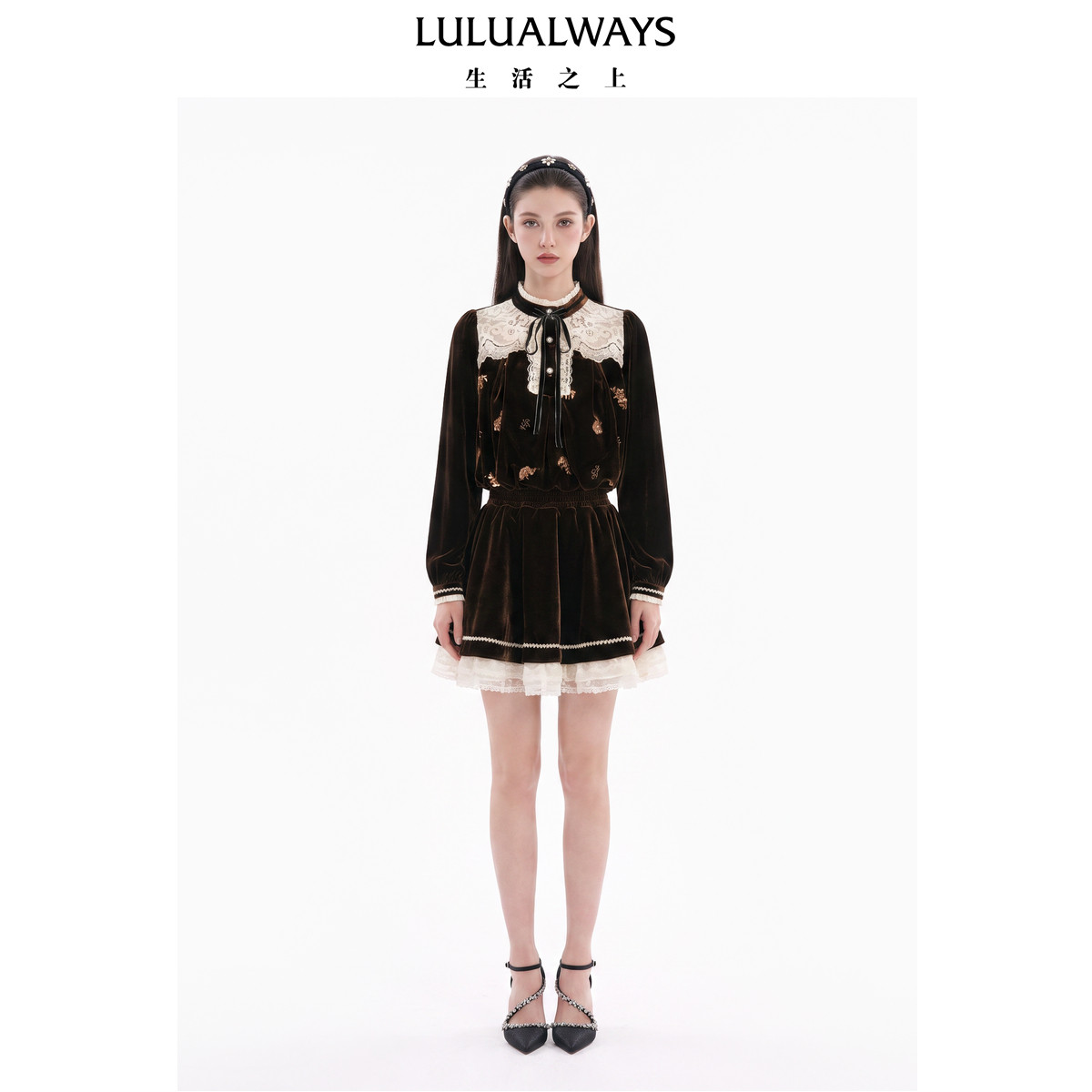 LULUALWAYS【商场同款】26秋季新款复古甜酷深咖色丝绒蕾丝半身裙