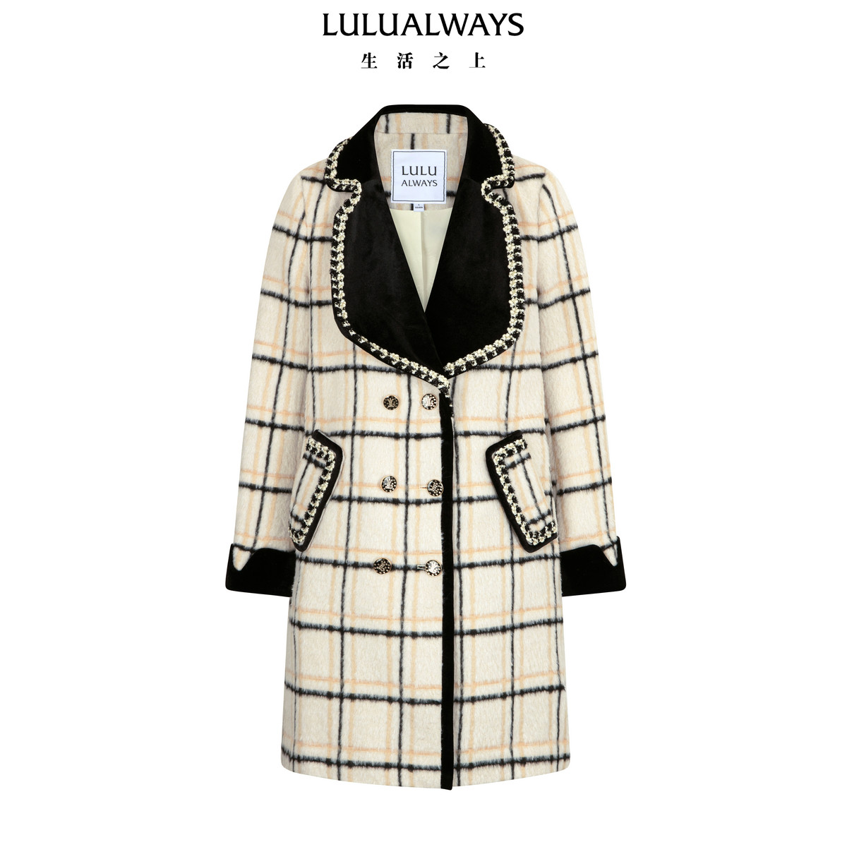 LULUALWAYS【商场同款】25冬季新款优雅简洁时尚格纹大衣长款外套