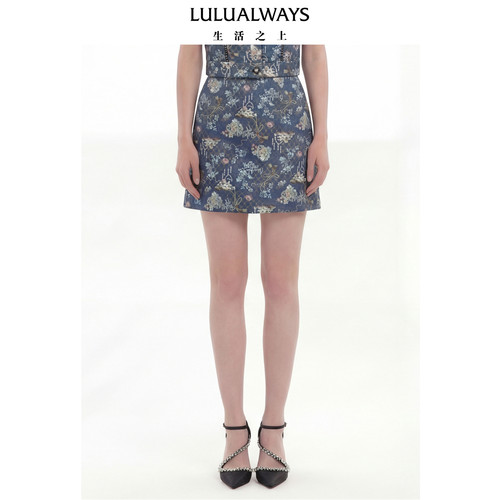 LULUALWAYS我爱露露26夏季新款复古优雅藏蓝色高腰提花A字半身裙