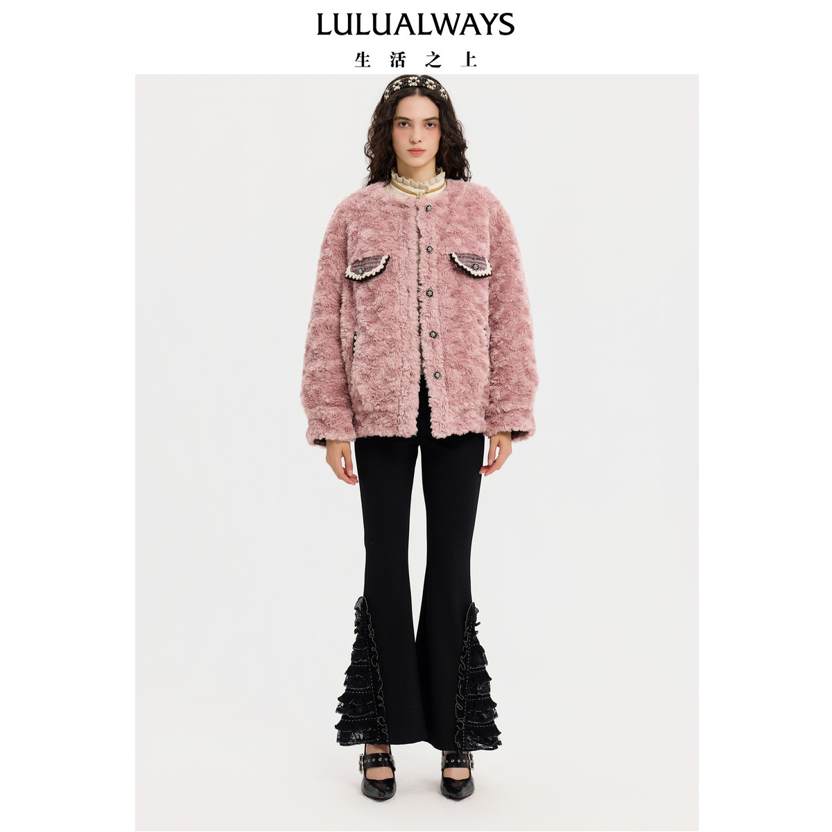 LULUALWAYS【商场同款】冬季新款甜美优雅粉色毛绒双面穿女外套