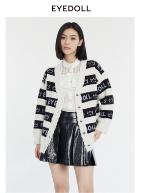 EYEDOLL新款时尚通勤浪漫条纹V领针织开衫外套