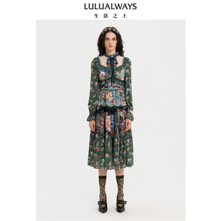 LULUALWAYS【商场同款】25冬季新款法式浪漫优雅木耳边长款连衣裙