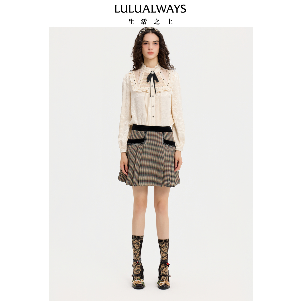 LULUALWAYS【商场同款】25秋季新款米色甜美蝴蝶结浪漫木耳边衬衫