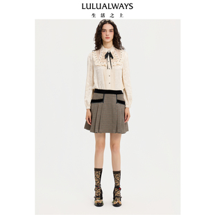 LULUALWAYS【商场同款】25秋季新款米色甜美蝴蝶结浪漫木耳边衬衫