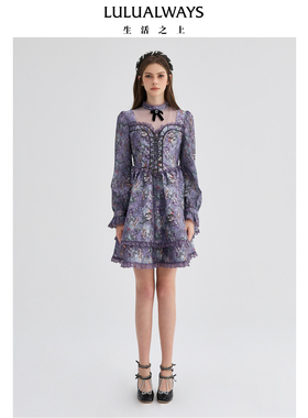 LULUALWAYS冬季新款宫廷绑带感梦幻紫色连衣裙