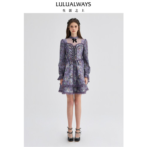 LULUALWAYS冬季宫廷绑带感梦幻紫色连衣裙