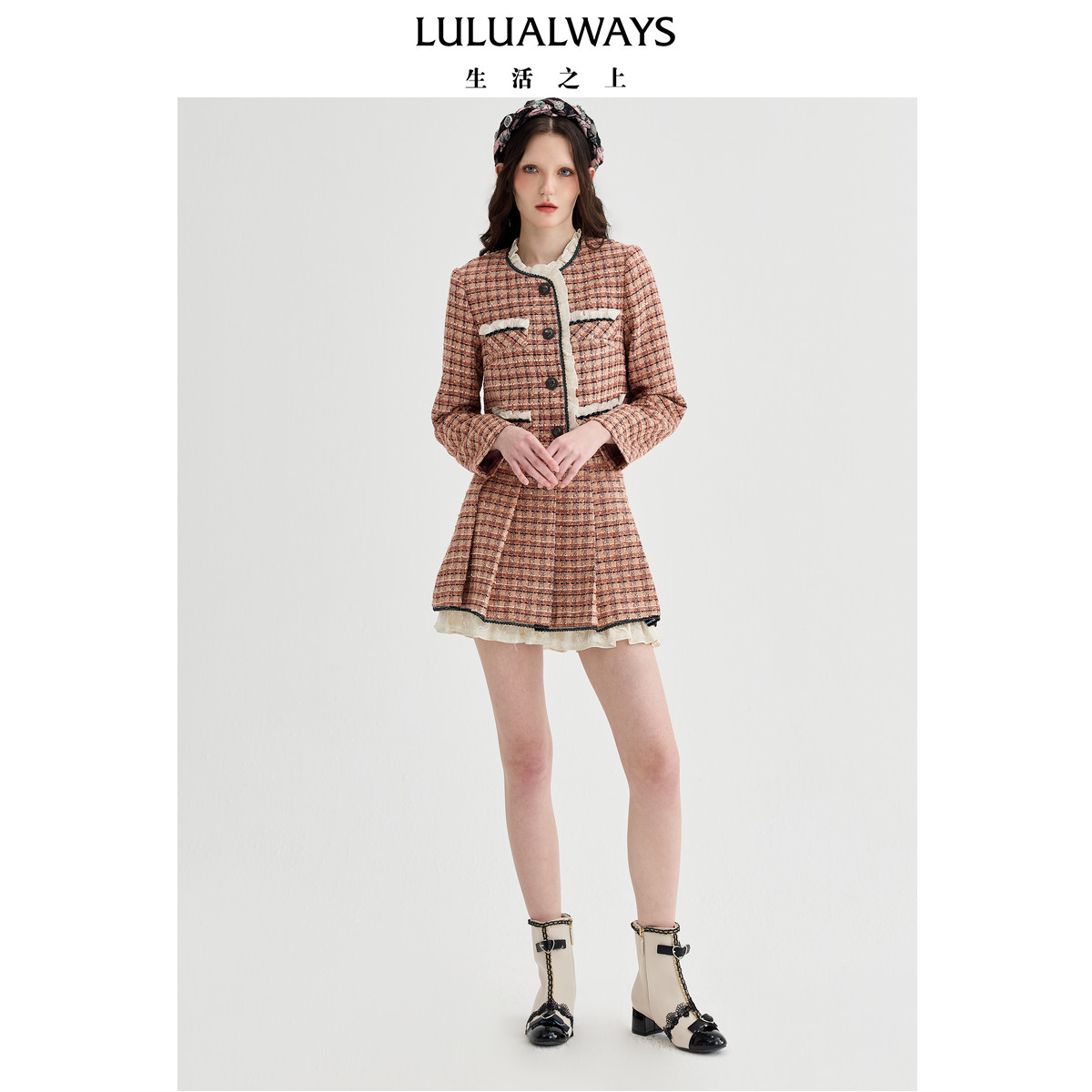 LULUALWAYS【商场同款】简约经典格纹蕾丝拼接短外套女