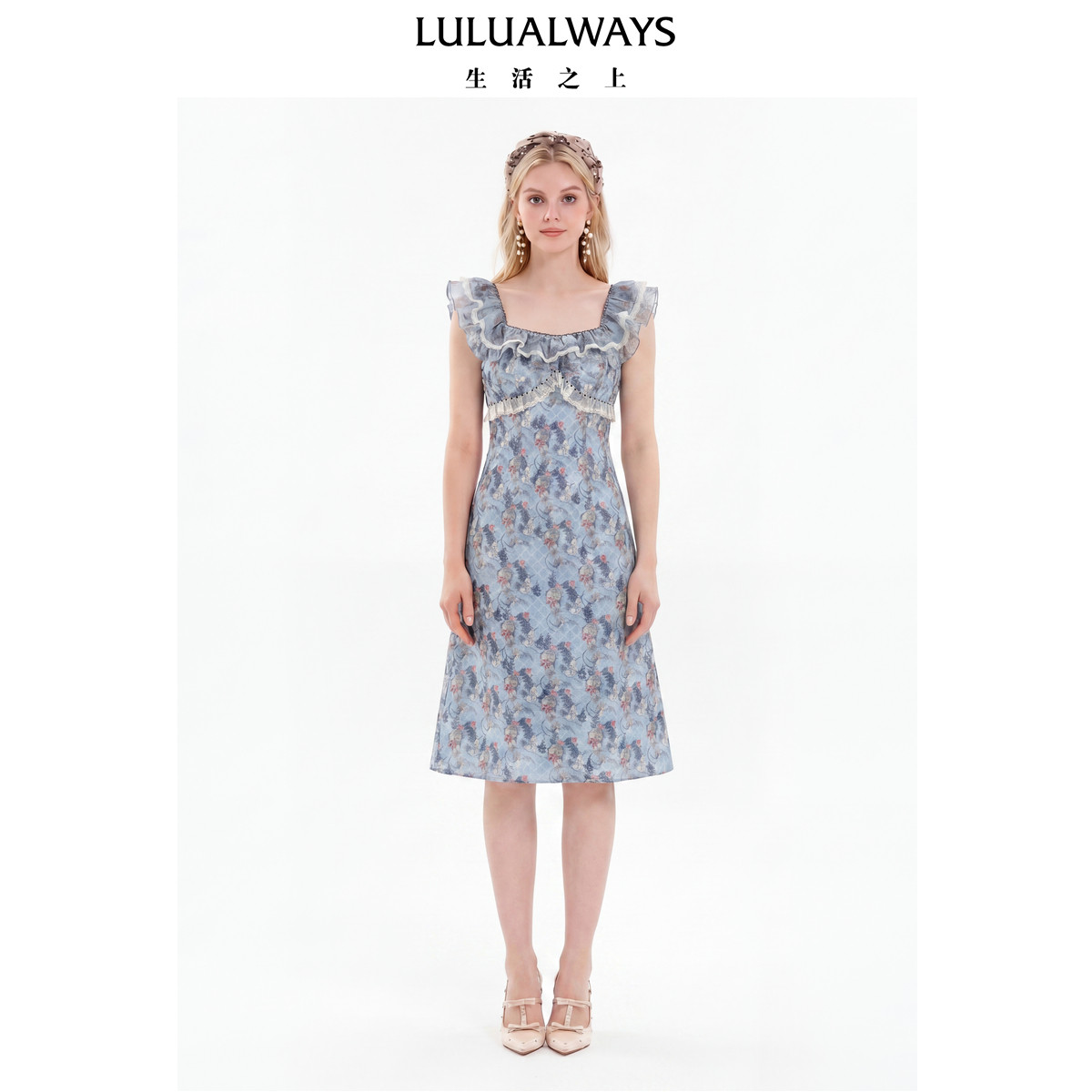 LULUALWAYS我爱露露26夏季新款法式浪漫荷叶边公主袖蓝色连衣裙