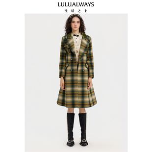 LULUALWAYS【商场同款】25冬季新复古绿色厚款格纹大衣中长款外套