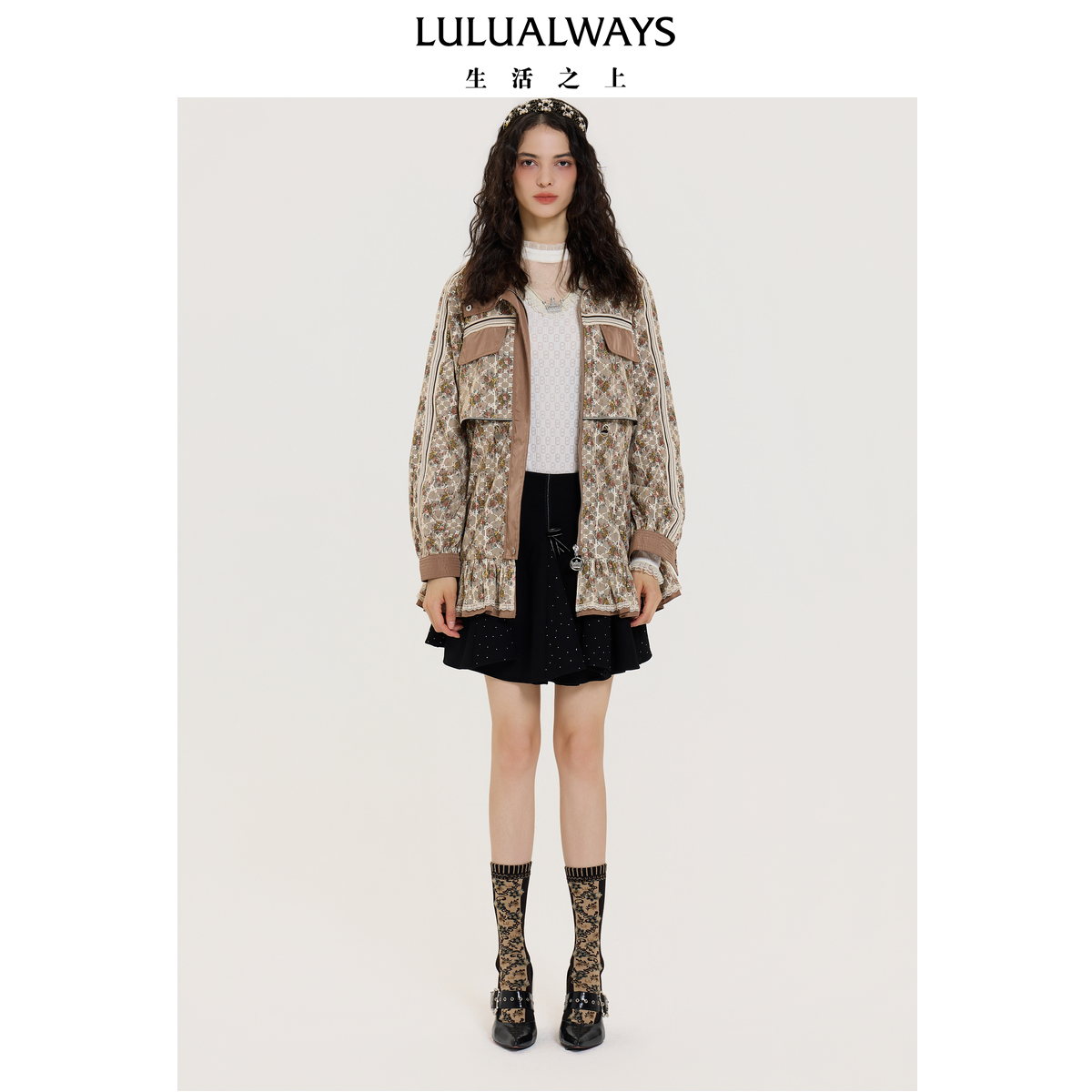 LULUALWAYS【商场同款】25秋季新款时尚潮流卡其蕾丝拼接风衣外套
