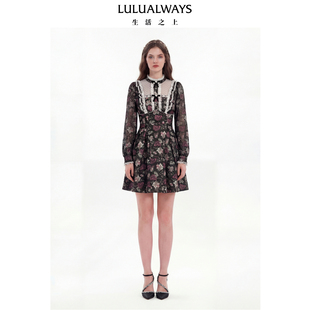 LULUALWAYS我爱露露26春季 暗黑复古风气质优雅木耳边短连衣裙 新款
