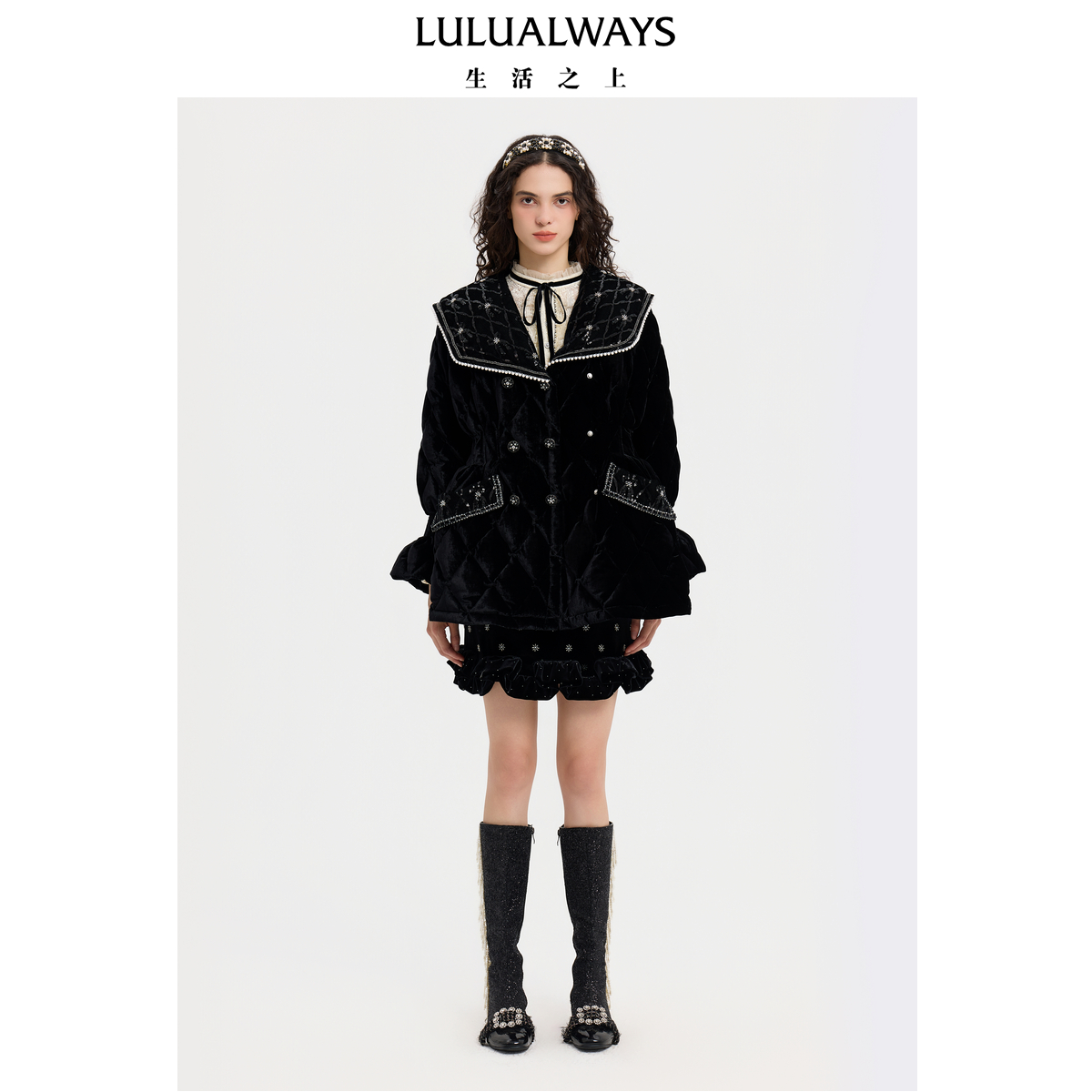 LULUALWAYS【商场同款】25冬季新款黑色泡泡袖丝绒中长款羽绒服女
