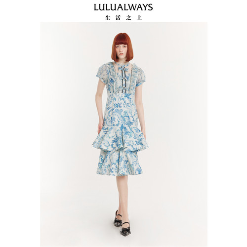 LULUALWAYS我爱露露夏季新款恬静优雅鱼尾下摆中长款连衣裙