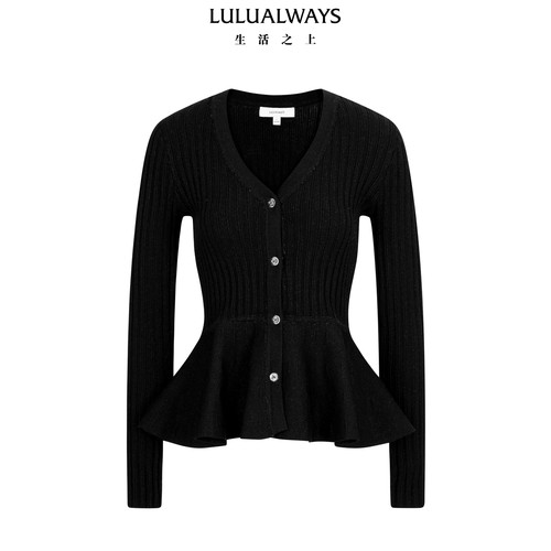 LULUALWAYS【商场同款】冬季法式优雅V领荷叶边女士针织衫