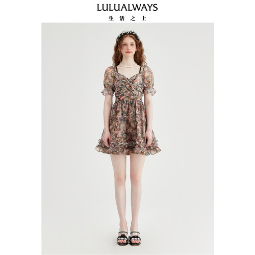 LULUALWAYS【商场同款】优雅气质欧根纱印花飘逸连衣裙