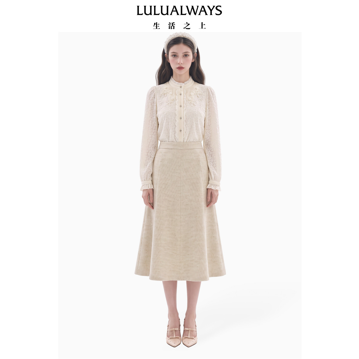 LULUALWAYS【商场同款】26冬季新款法式宫廷少女木耳边长袖衬衫
