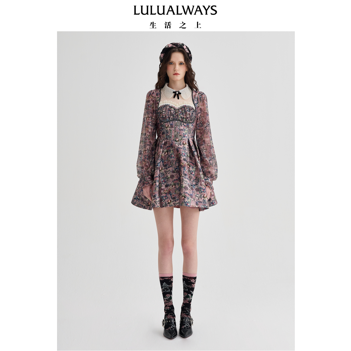 LULUALWAYS【商场同款】25春季新款法式复古宫廷风蕾丝提花连衣裙