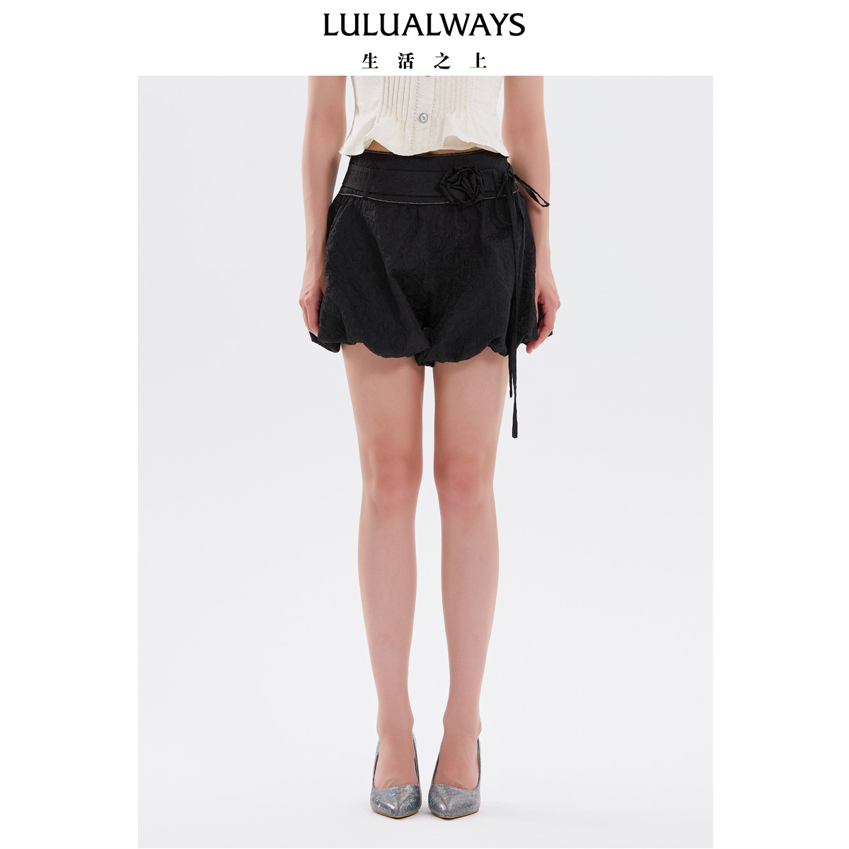 LULUALWAYS我爱露露南瓜裤甜美法式公主玫瑰装饰提花蓬感短裤