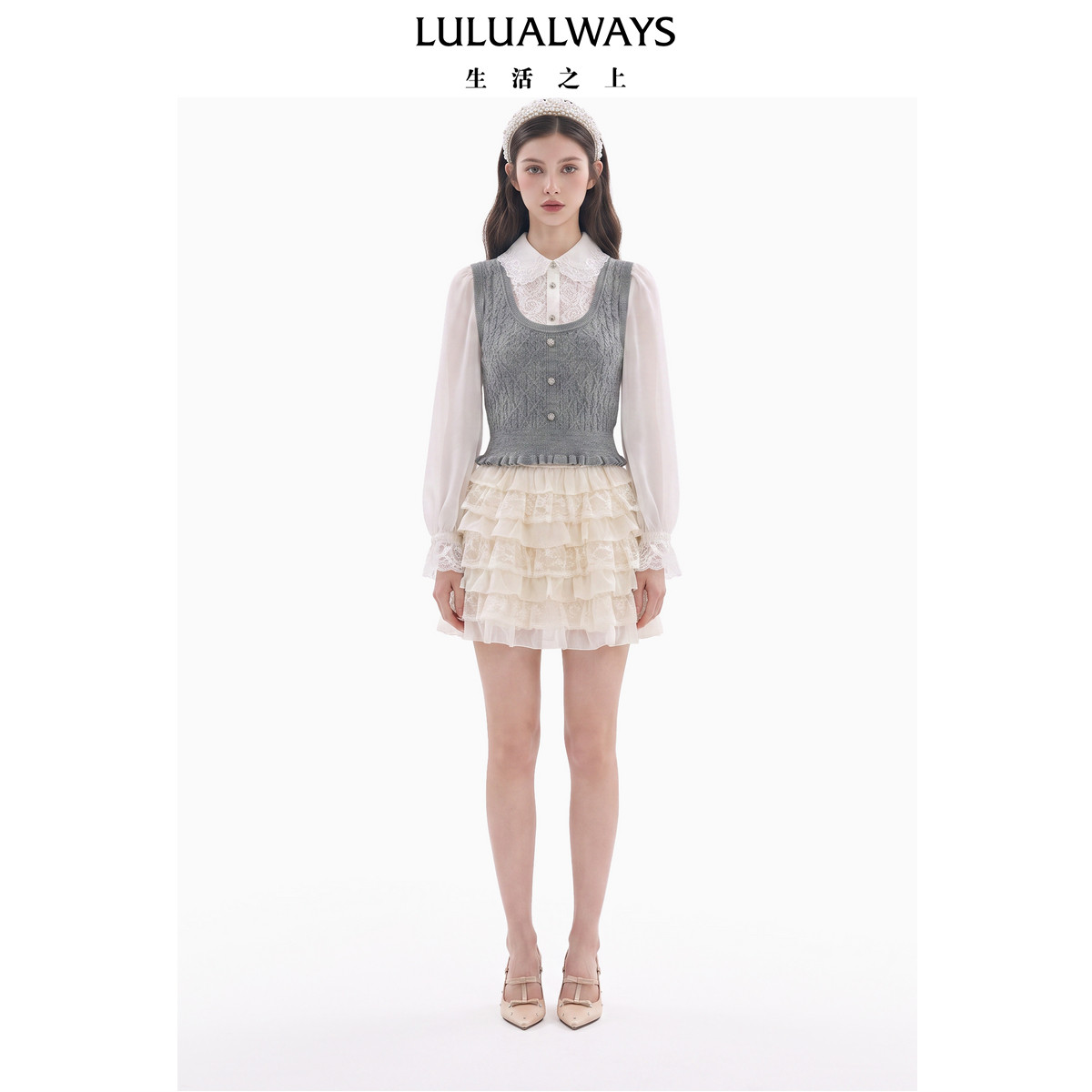 LULUALWAYS【商场同款】26秋季新款甜系千金娃娃领假两件针织衫