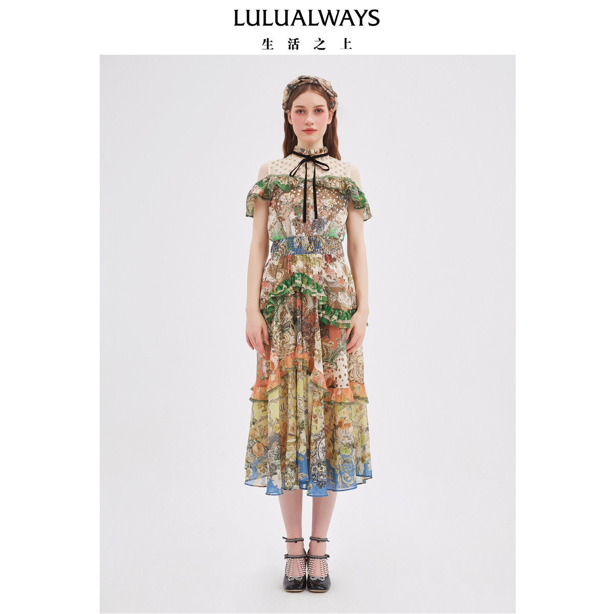 LULUALWAYS【商场同款】夏季新款西西里法式复古度假露肩连衣裙