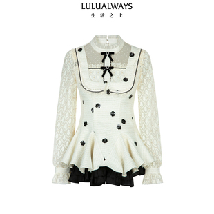 LULUALWAYS我爱露露26春季 气质温柔小香风蕾丝荷叶边短连衣裙 新款