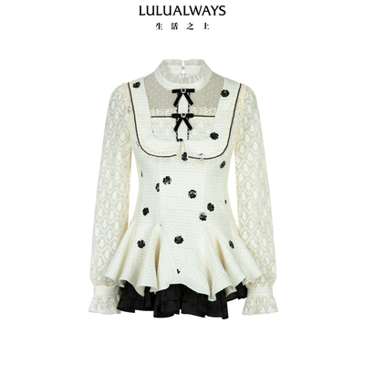 LULUALWAYS我爱露露26春季新款气质温柔小香风蕾丝荷叶边短连衣裙