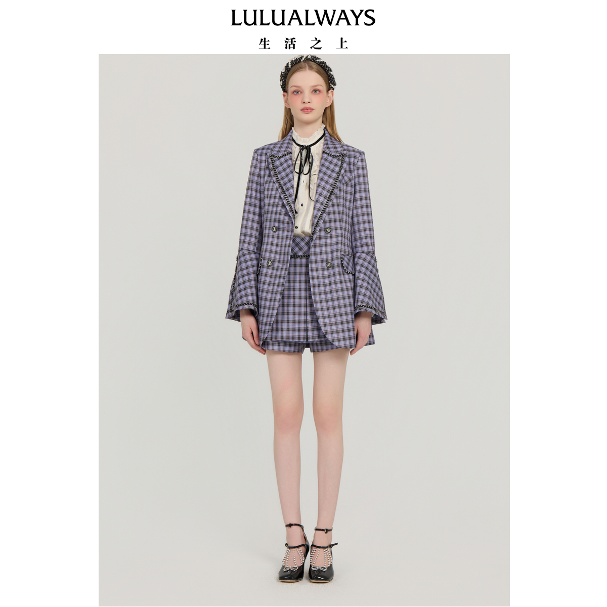 LULUALWAYS我爱露露25秋季新款复古英伦格纹翻领长款设计西装外套