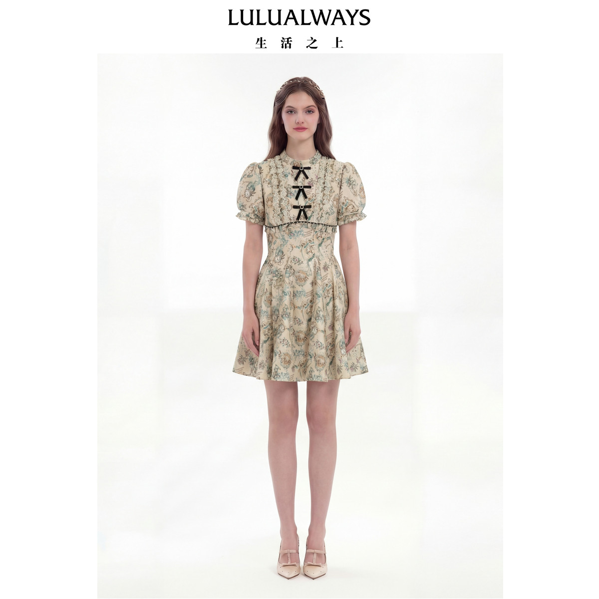 LULUALWAYS我爱露露26夏季新款法式宫廷风泡泡提花A字短款连衣裙