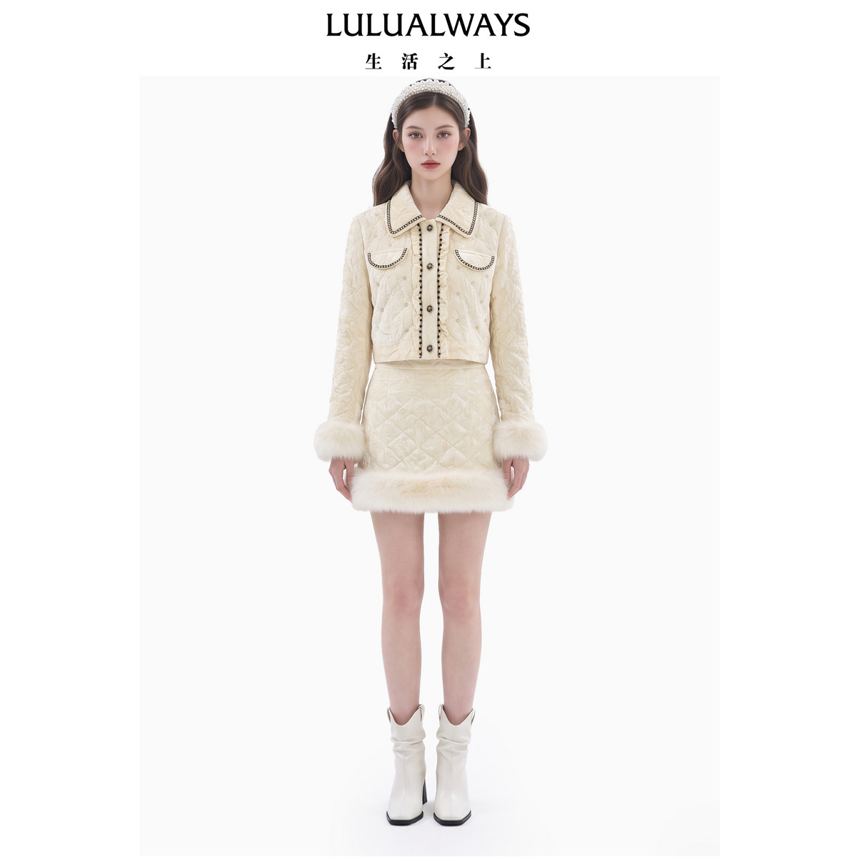 LULUALWAYS我爱露露26冬季新款温柔奶白小香风荷叶花边短款棉外套
