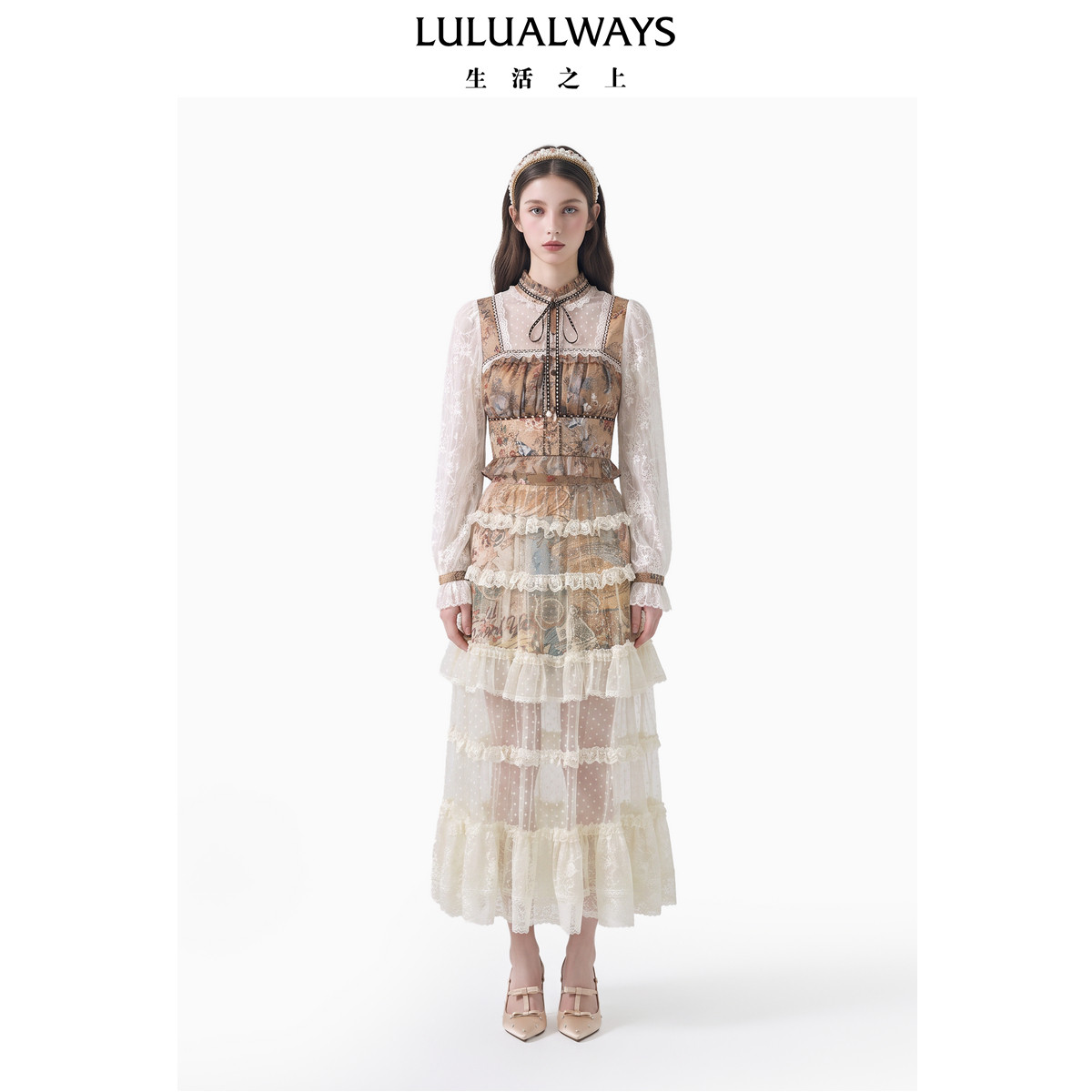 LULUALWAYS【商场同款】26秋季新款法式复古提花蕾丝拼接立领上衣