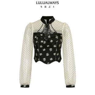 LULUALWAYS【商场同款】25冬季复古宫廷风网纱蝴蝶结修身衬衫