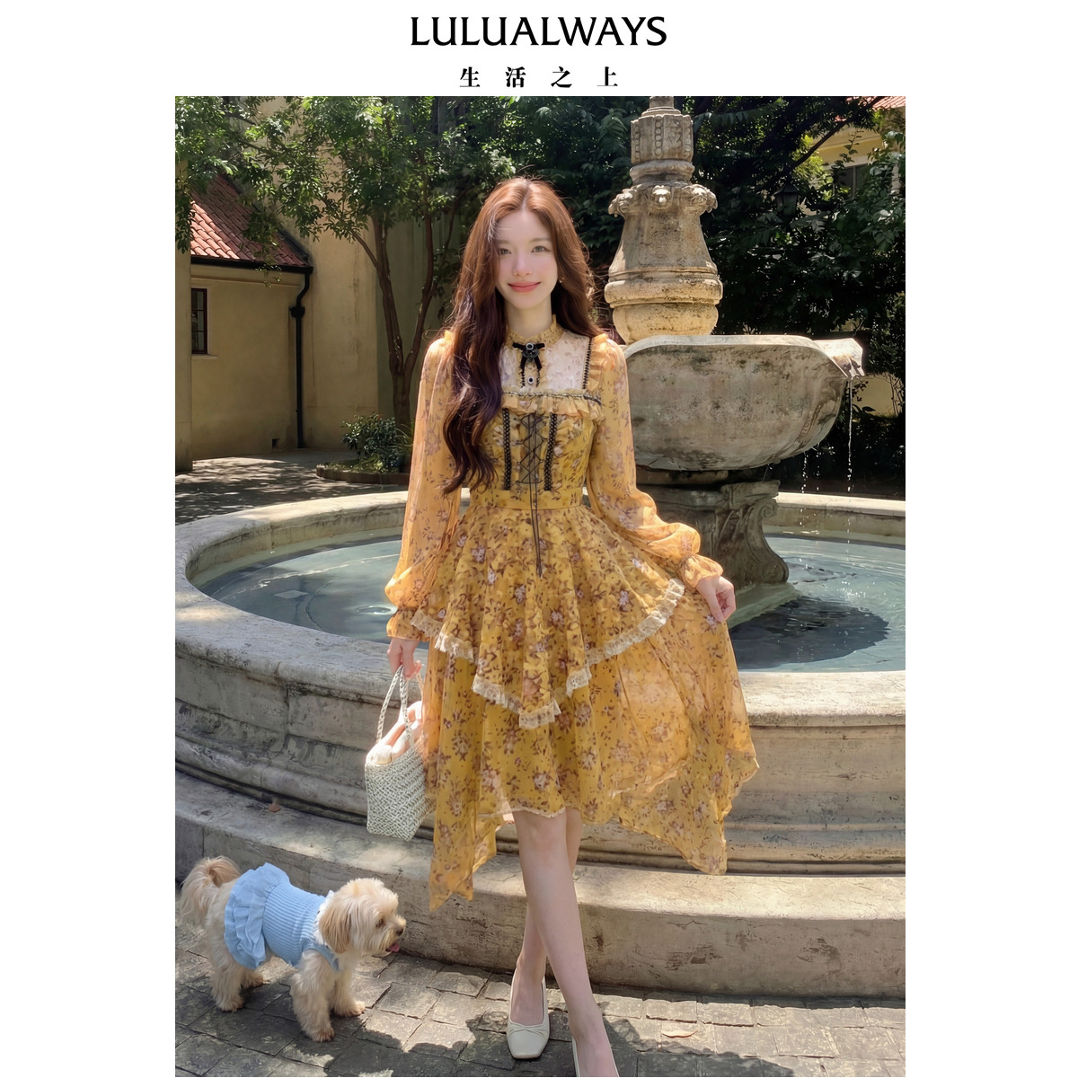 LULUALWAYS【商场同款】26春季新款复古宫廷风不规则雪纺连衣裙