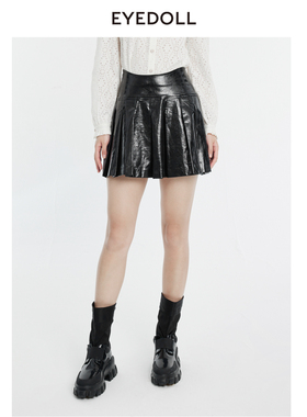 EYEDOLL新款百搭学院亮面光泽黑色百褶短裙