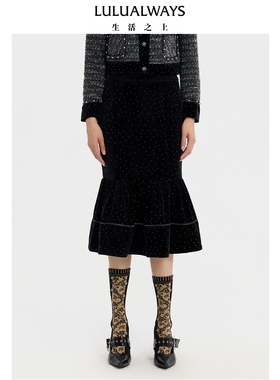 LULUALWAYS【商场同款】25冬季新款优雅柔美黑色烫钻丝绒长半身裙