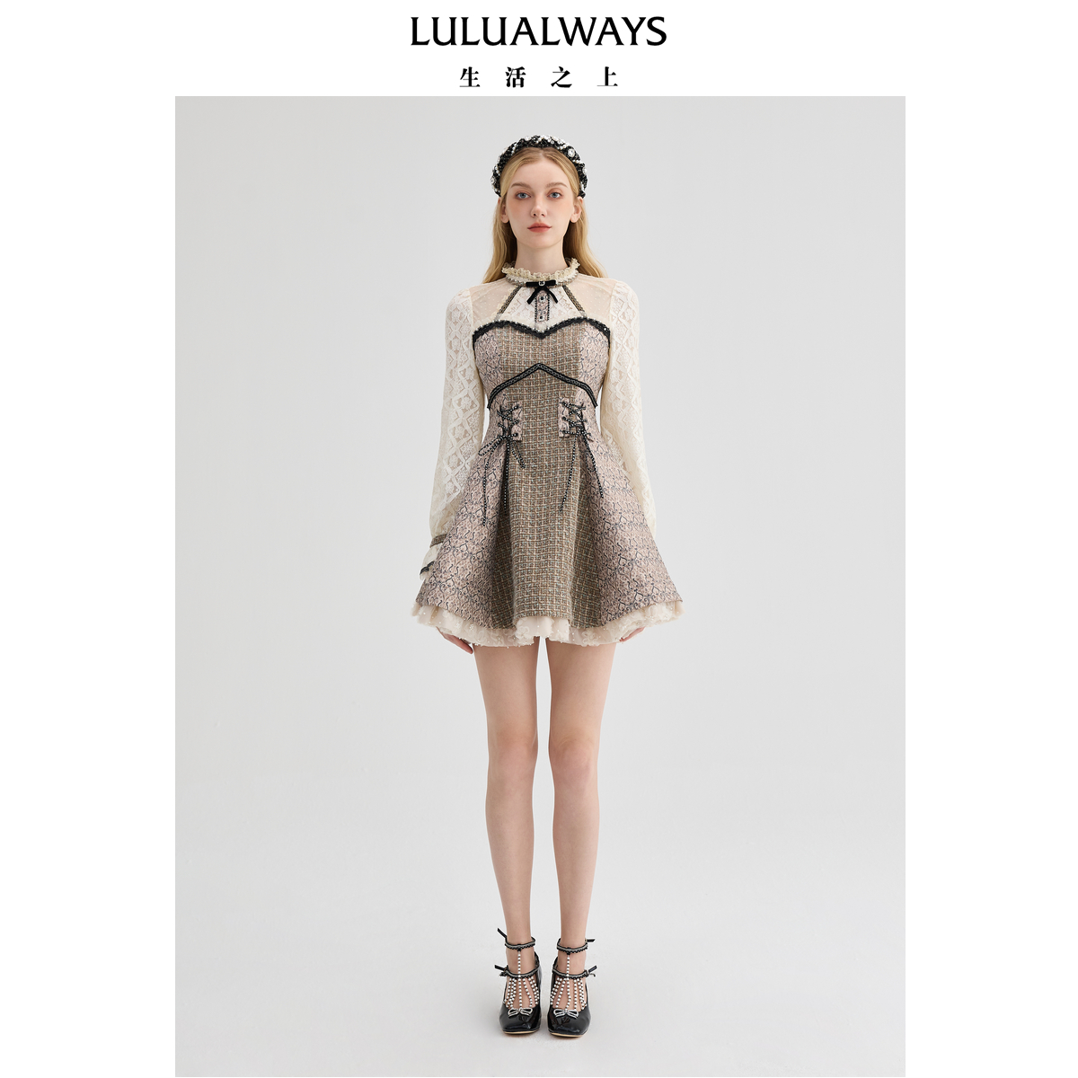 LULUALWAYS【商场同款】冬季新款优雅复古小香风绑带短款连衣裙
