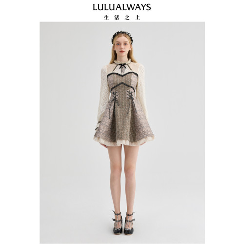 LULUALWAYS【商场同款】冬季新款优雅复古小香风绑带短款连衣裙