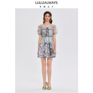 lulualways夏季新款优雅方领宫廷风网纱短袖连衣裙
