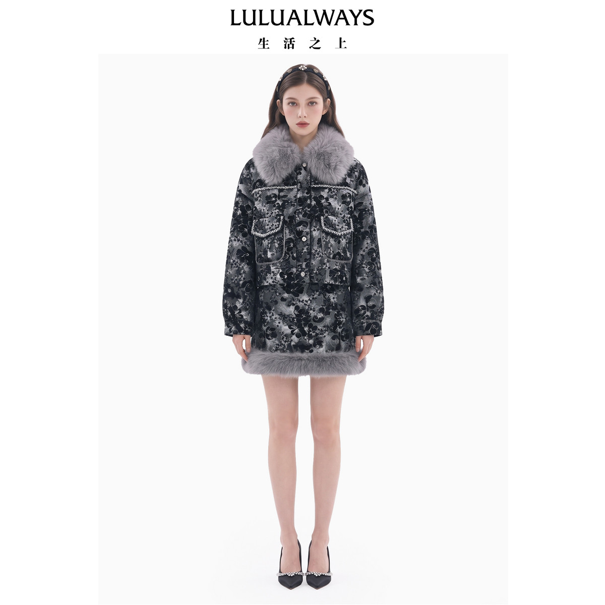 LULUALWAYS我爱露露26冬季新款暗黑复古甜酷风高腰拼接毛绒半身裙
