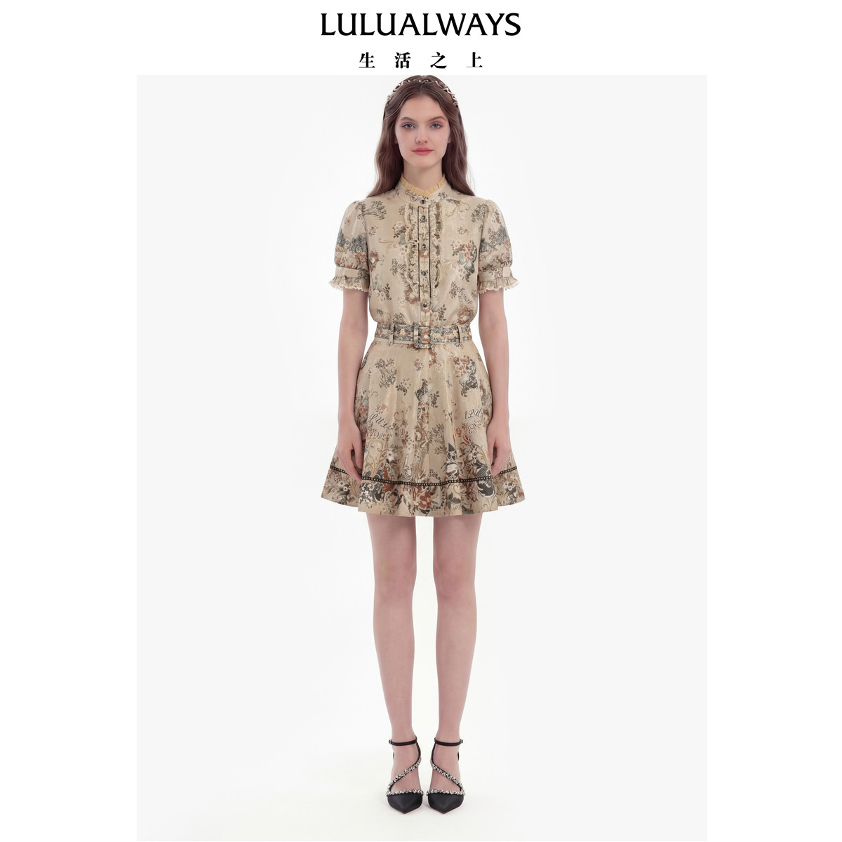LULUALWAYS【商场同款】26夏季新款法式甜美蕾丝木耳边泡泡袖衬衫