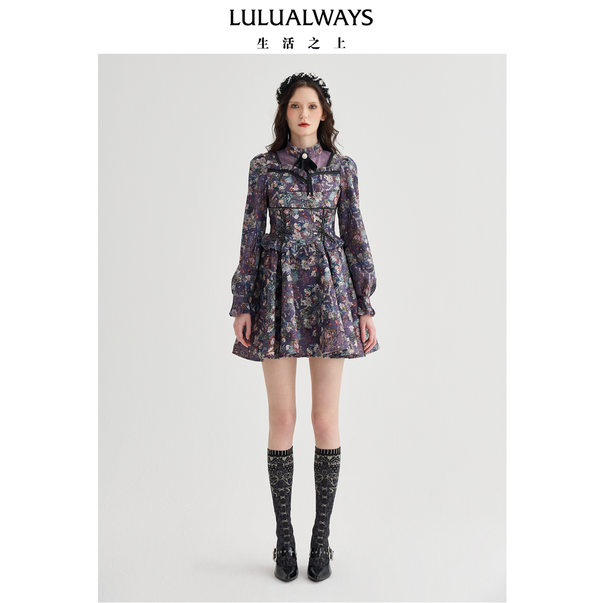 LULUALWAYS【商场同款】冬季新款法式复古绑带立领印花连衣裙女